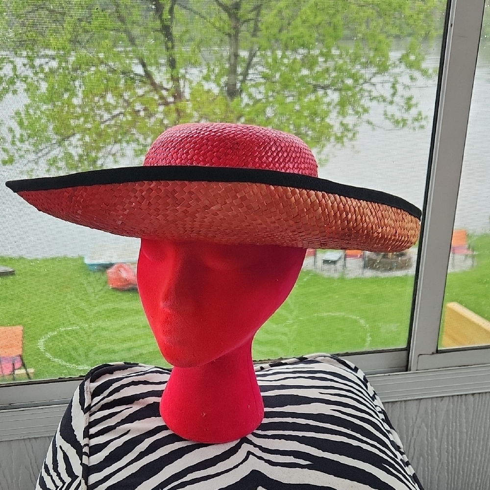 Vintage Straw Wide-Brim Hat Red Orange